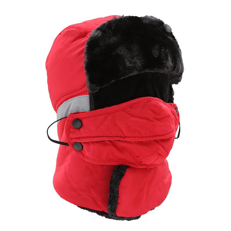 Red winter windproof ski cap with earflaps and closed neck for unisex, designed for warmth in cold mountain conditions.